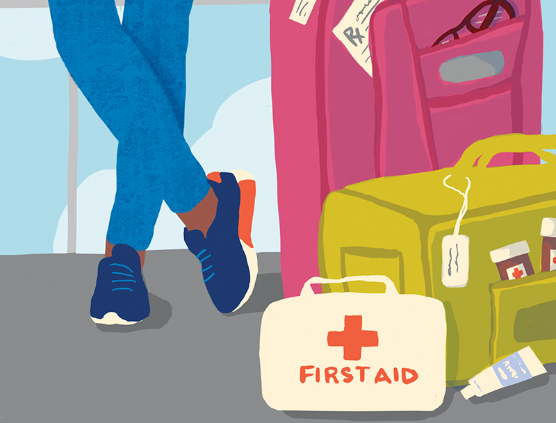 Illustration of person standing next to suitcase and first aid kit.