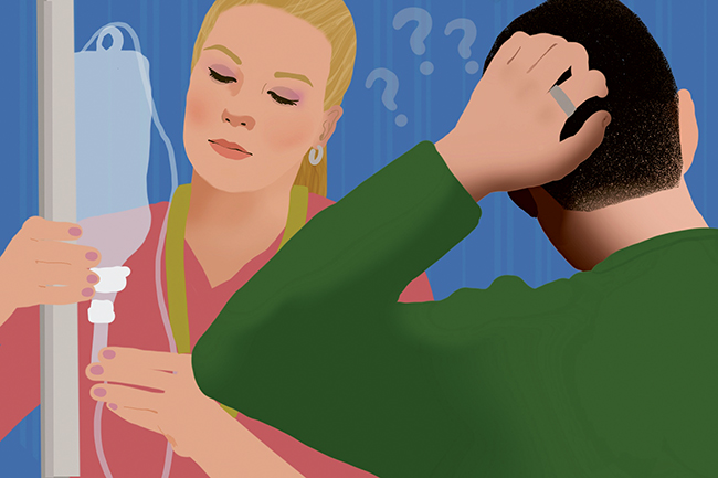 Illustration of new grad nurse setting up an IV while other nurse scratches his head.