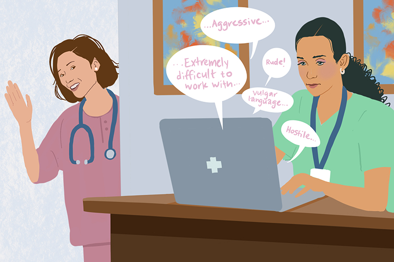 Illustration of nurse waving at nurse manager sitting in front of computer.