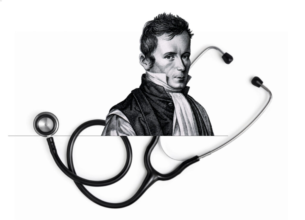 Engraving of Rene Laennec over Littmann stethscope.