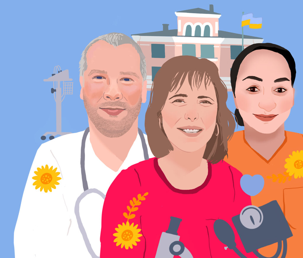 Illustration of doctor and two nurses in front of Zhytomyr Hospital, Ukraine.