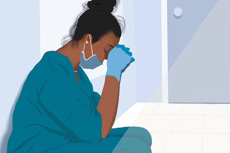 Illustration of nurse grieving the loss of a patient.