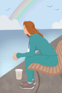 Illustration of a nurse sitting on a park bench with a rainbow in the background.