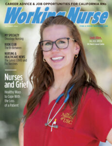 Cover of the October 2024 issue of Working Nurse of nurse in red scrubs