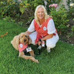 Hospital therapy dog handler with dog on green grass