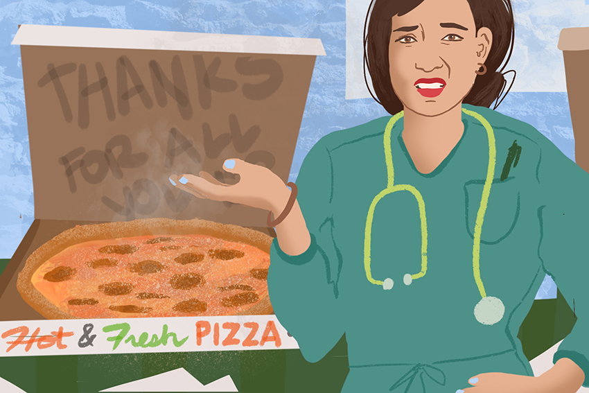 Illustration of a nurse standing in front of a pizza box.